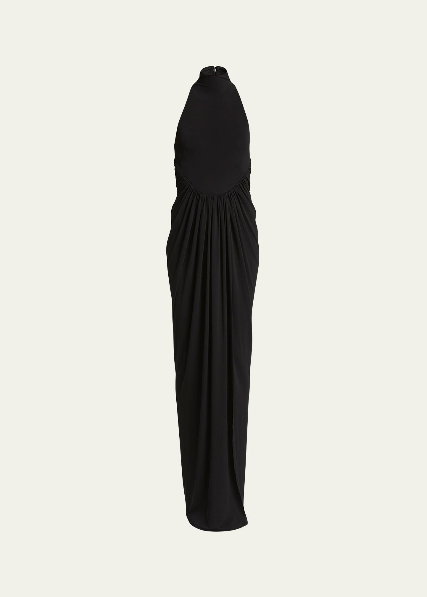 high neck draped waist gown