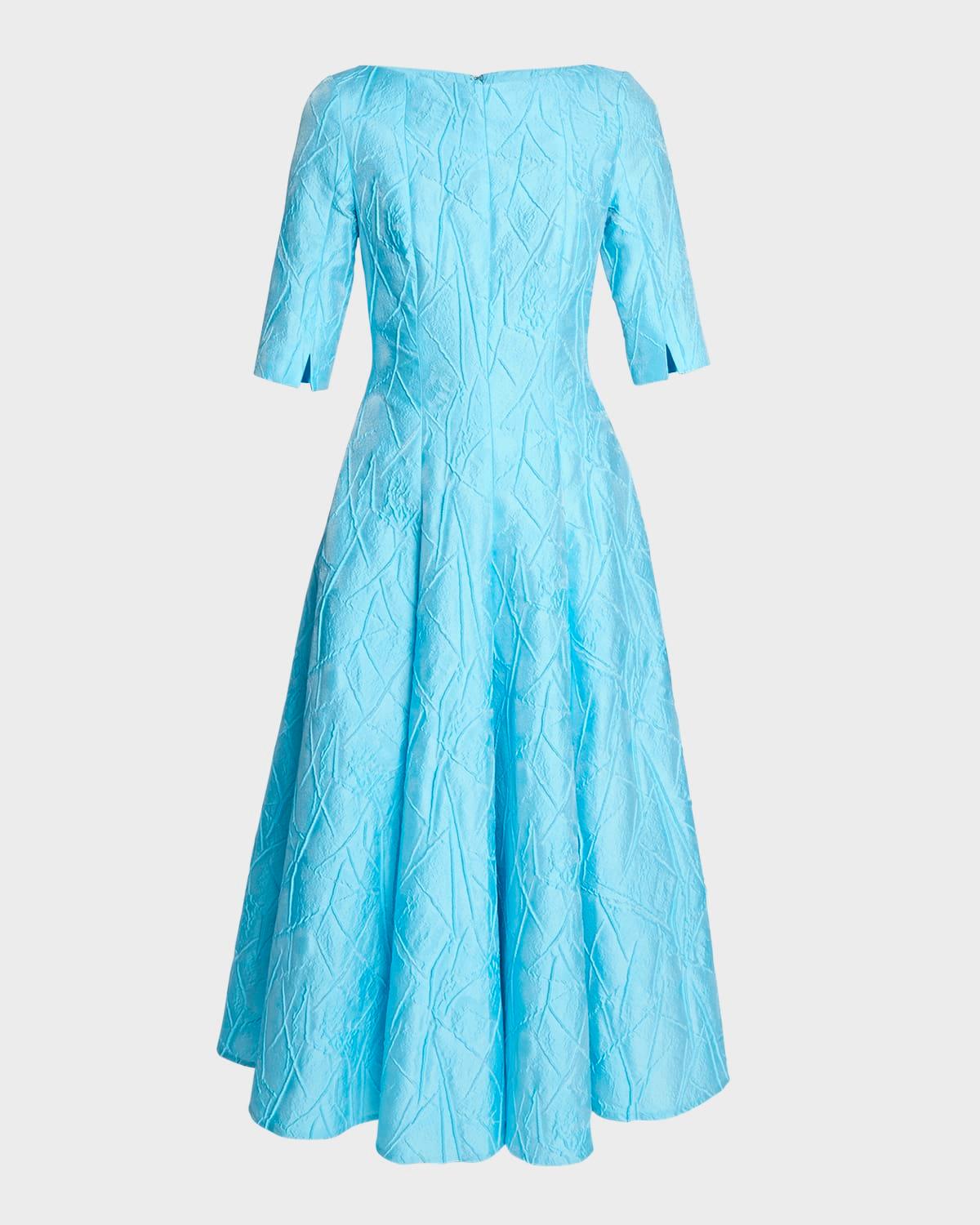 high-neck elbow-sleeve mikado jacquard midi dress