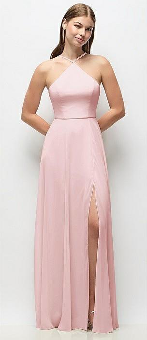 high-neck halter chiffon maxi dress with adjustable spaghetti straps