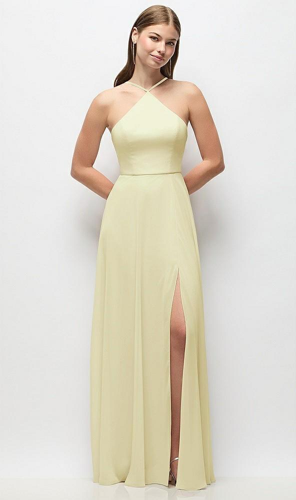 high-neck halter chiffon maxi dress with adjustable spaghetti straps