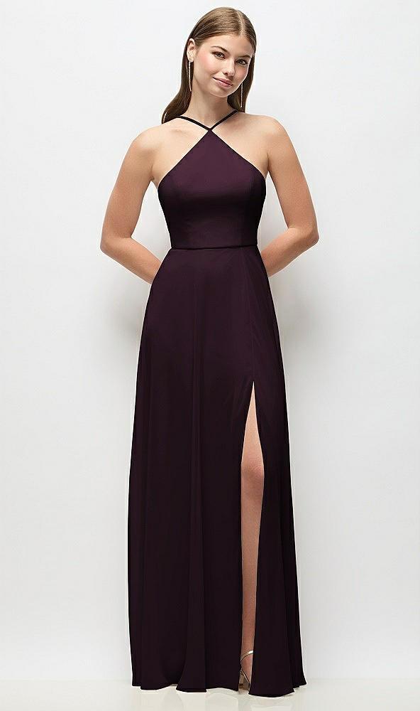high-neck halter chiffon maxi dress with adjustable spaghetti straps