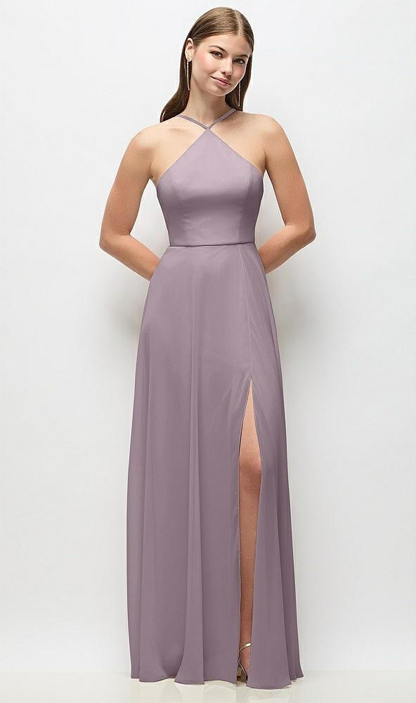 high-neck halter chiffon maxi dress with adjustable spaghetti straps