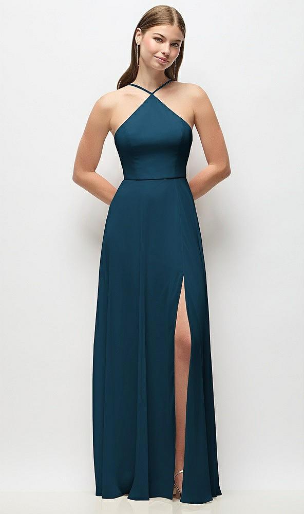 high-neck halter chiffon maxi dress with adjustable spaghetti straps