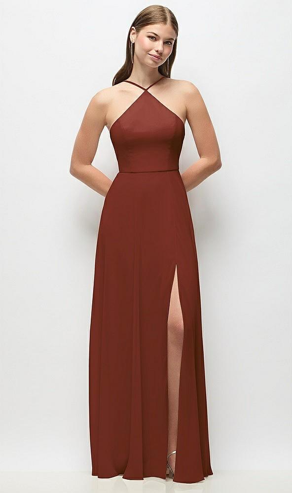 high-neck halter chiffon maxi dress with adjustable spaghetti straps
