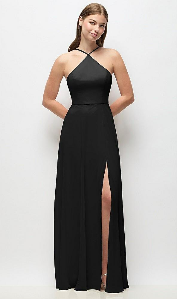 high-neck halter chiffon maxi dress with adjustable spaghetti straps