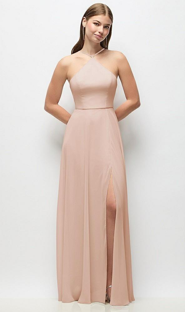 high-neck halter chiffon maxi dress with adjustable spaghetti straps