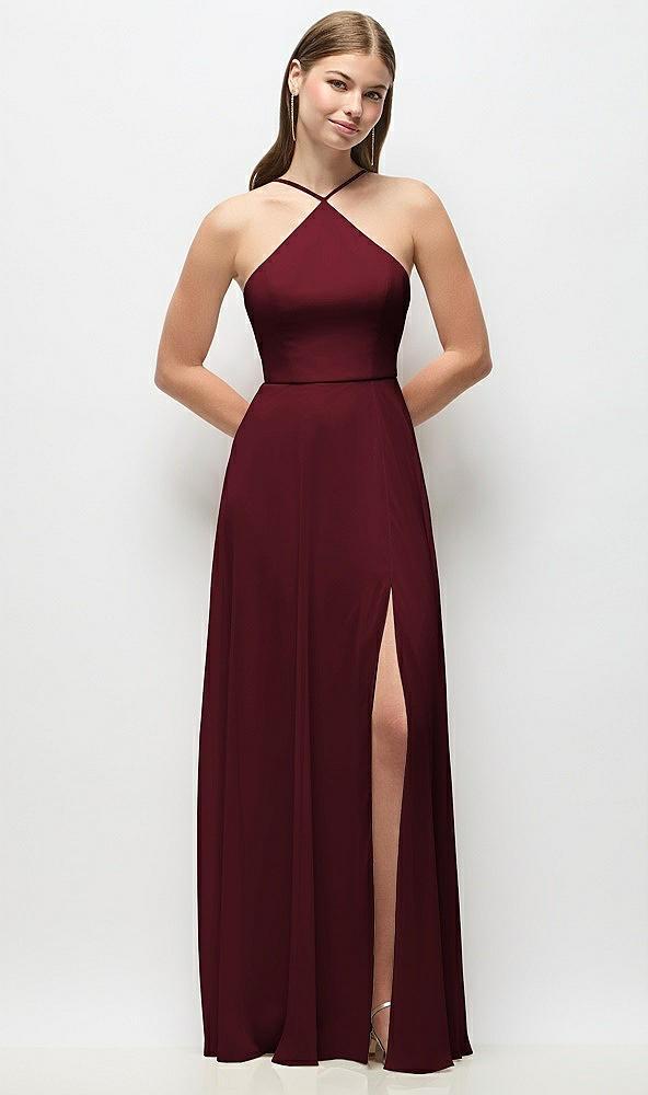 high-neck halter chiffon maxi dress with adjustable spaghetti straps