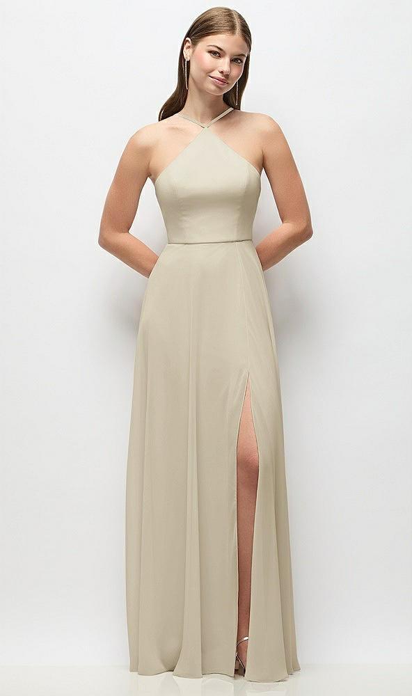 high-neck halter chiffon maxi dress with adjustable spaghetti straps