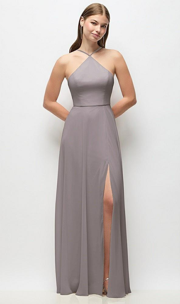 high-neck halter chiffon maxi dress with adjustable spaghetti straps
