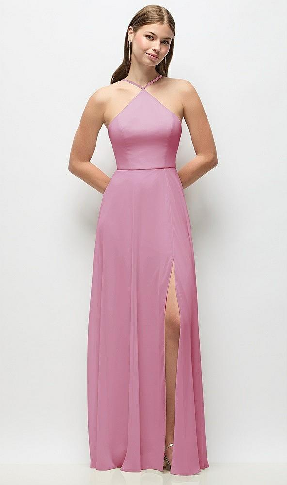 high-neck halter chiffon maxi dress with adjustable spaghetti straps