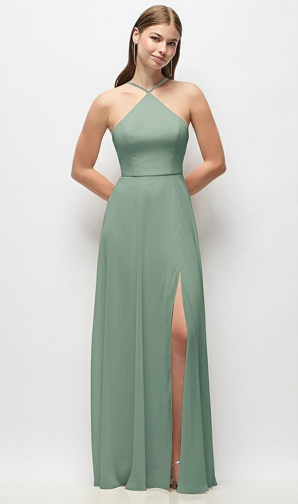 high-neck halter chiffon maxi dress with adjustable spaghetti straps