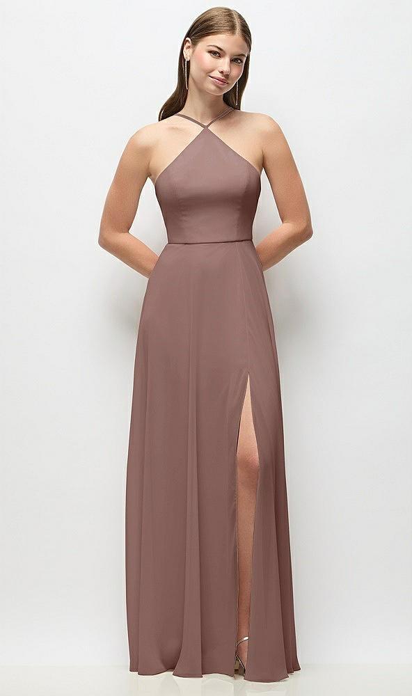 high-neck halter chiffon maxi dress with adjustable spaghetti straps