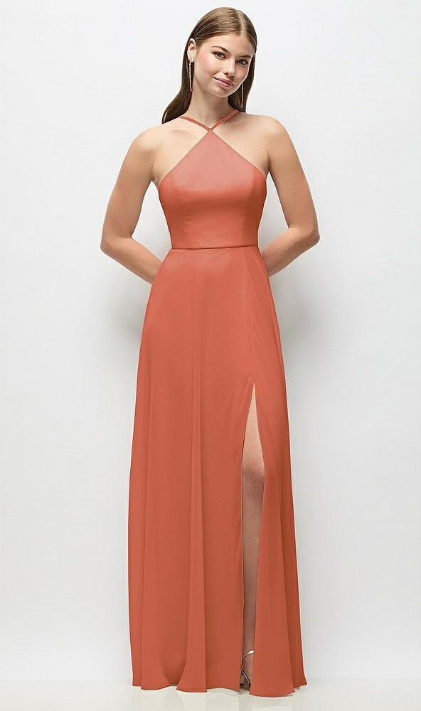 high-neck halter chiffon maxi dress with adjustable spaghetti straps