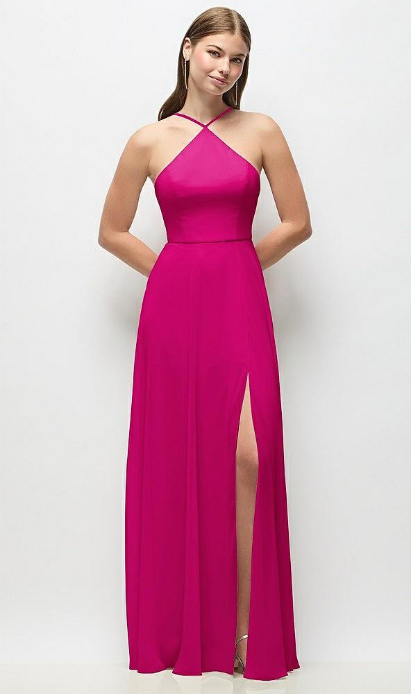 high-neck halter chiffon maxi dress with adjustable spaghetti straps