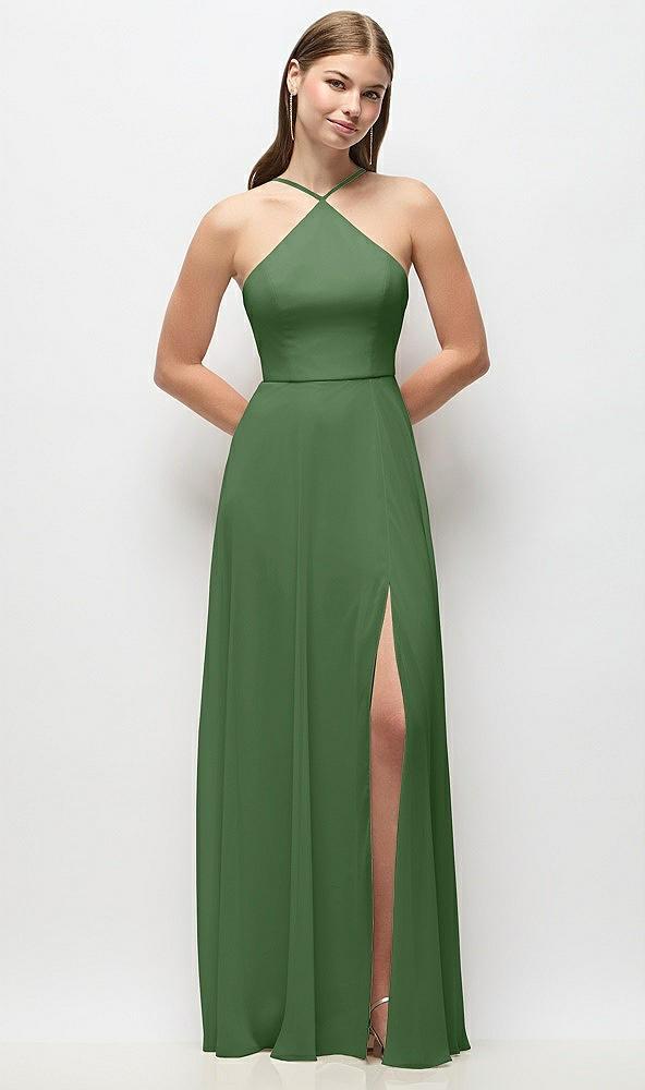 high-neck halter chiffon maxi dress with adjustable spaghetti straps