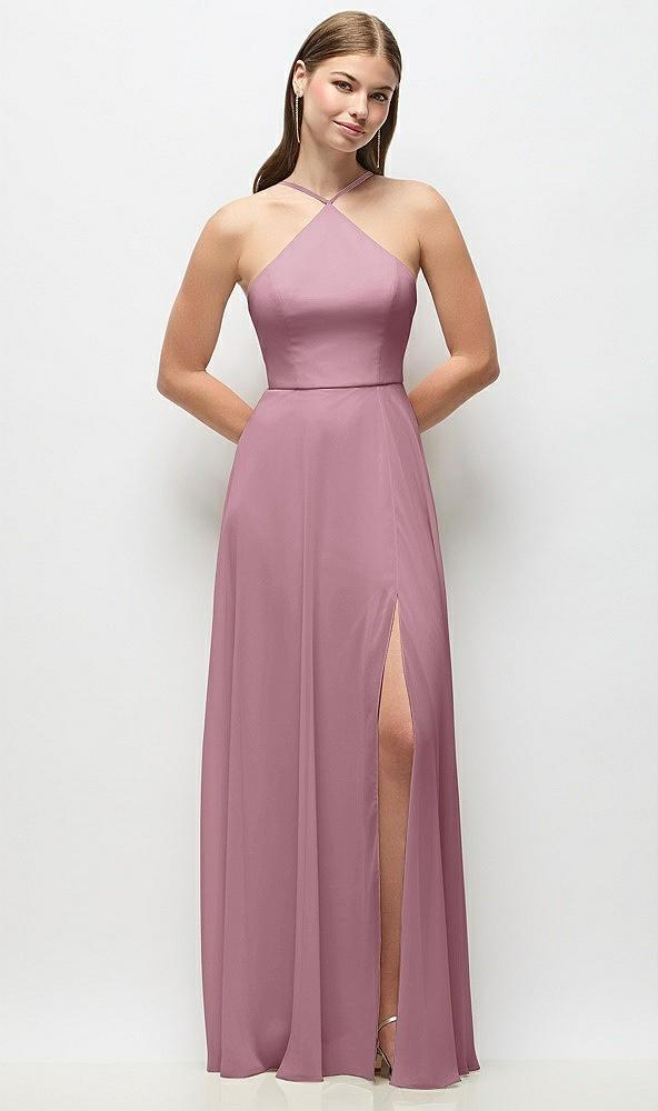 high-neck halter chiffon maxi dress with adjustable spaghetti straps