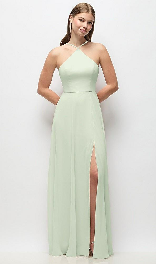 high-neck halter chiffon maxi dress with adjustable spaghetti straps
