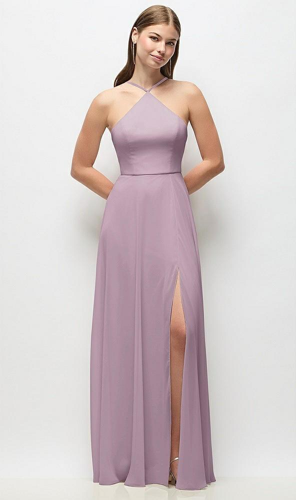 high-neck halter chiffon maxi dress with adjustable spaghetti straps