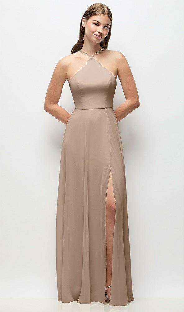 high-neck halter chiffon maxi dress with adjustable spaghetti straps