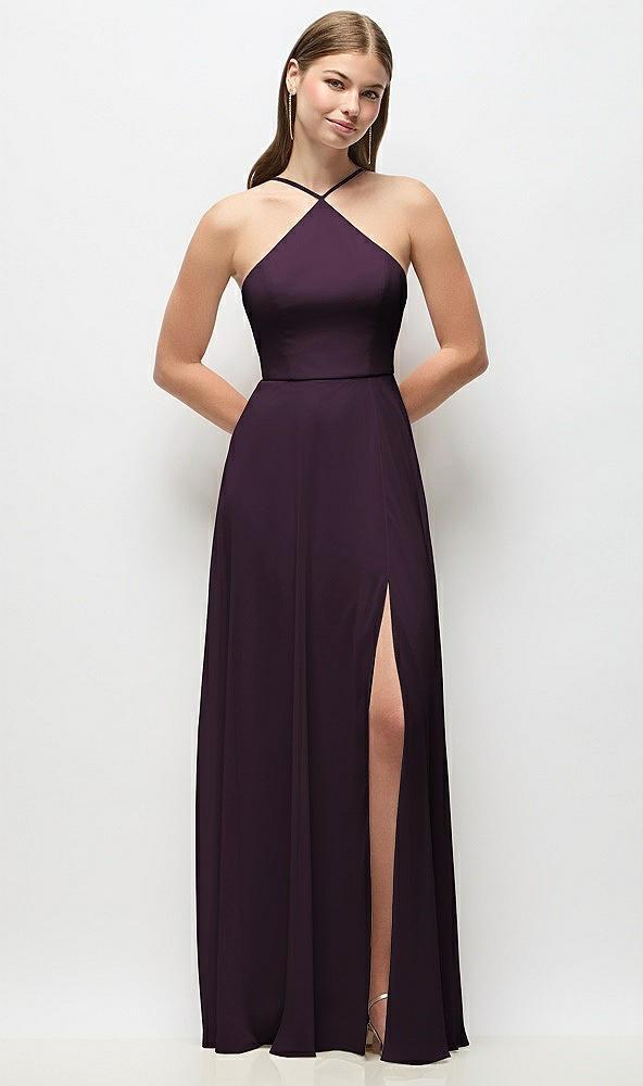 high-neck halter chiffon maxi dress with adjustable spaghetti straps