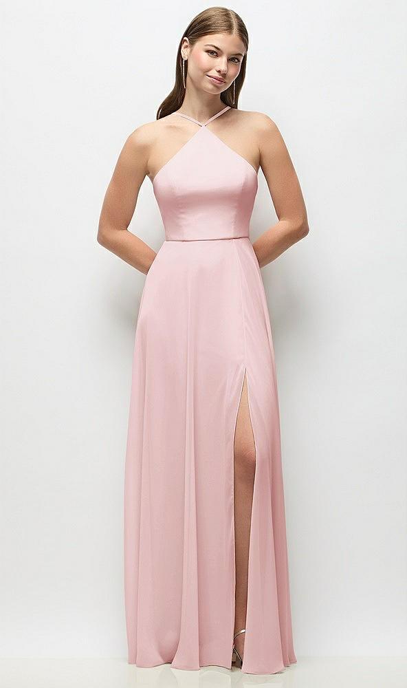 high-neck halter chiffon maxi dress with adjustable spaghetti straps