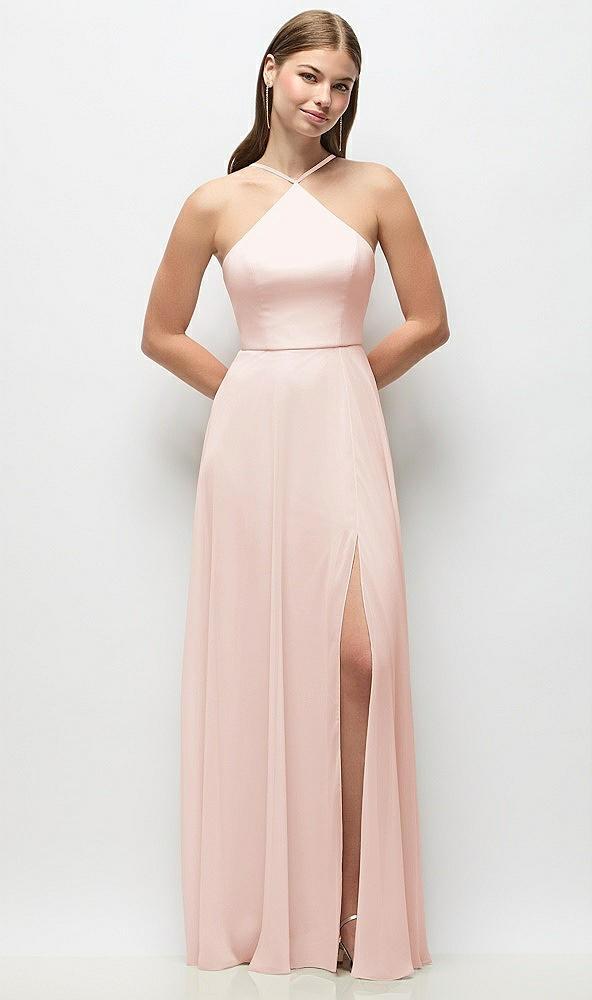 high-neck halter chiffon maxi dress with adjustable spaghetti straps