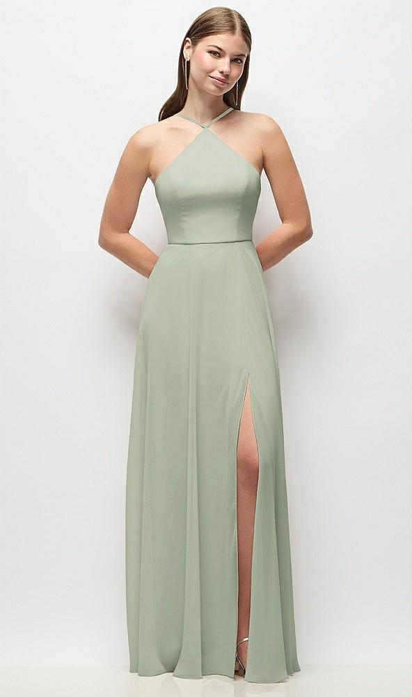 high-neck halter chiffon maxi dress with adjustable spaghetti straps