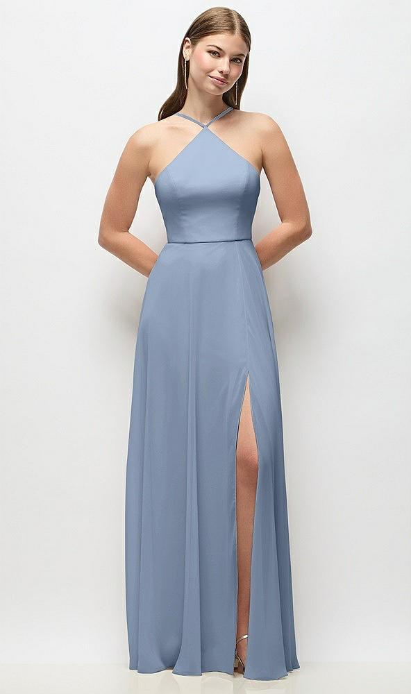 high-neck halter chiffon maxi dress with adjustable spaghetti straps