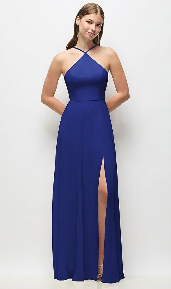 high-neck halter chiffon maxi dress with adjustable spaghetti straps
