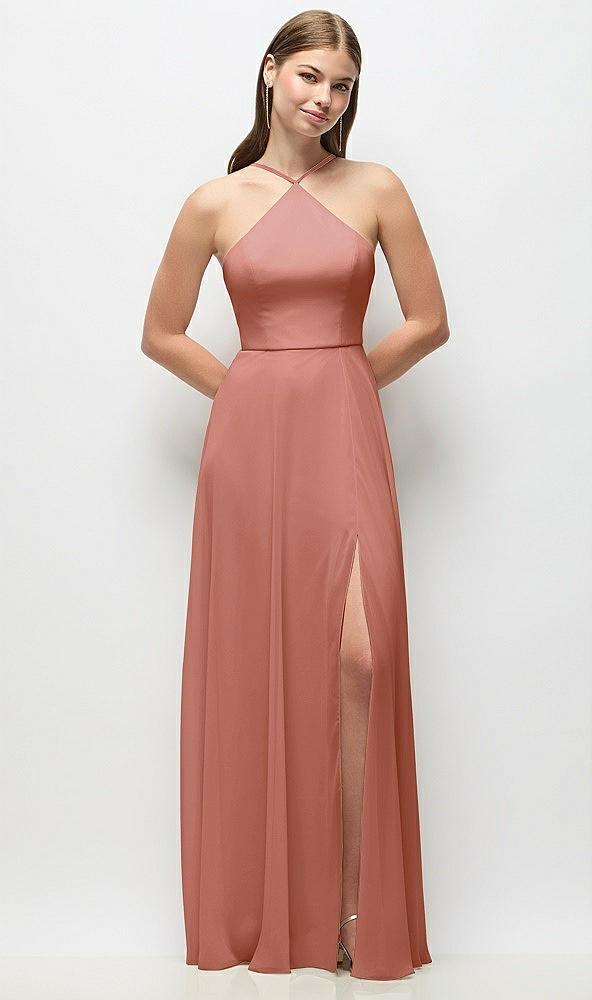 high-neck halter chiffon maxi dress with adjustable spaghetti straps