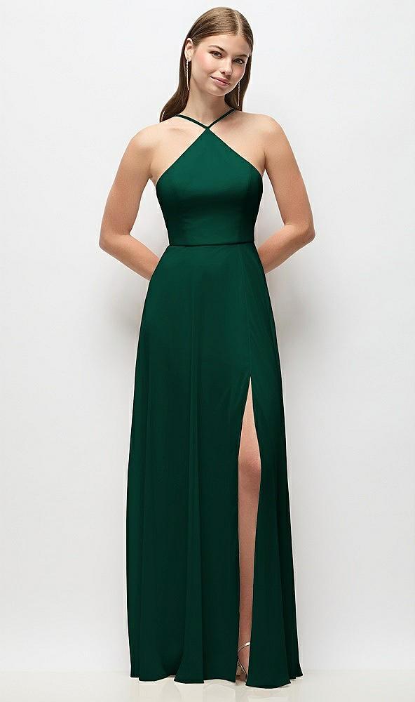 high-neck halter chiffon maxi dress with adjustable spaghetti straps