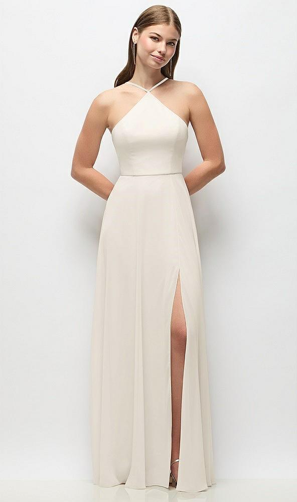 high-neck halter chiffon maxi dress with adjustable spaghetti straps