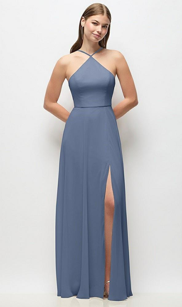 high-neck halter chiffon maxi dress with adjustable spaghetti straps
