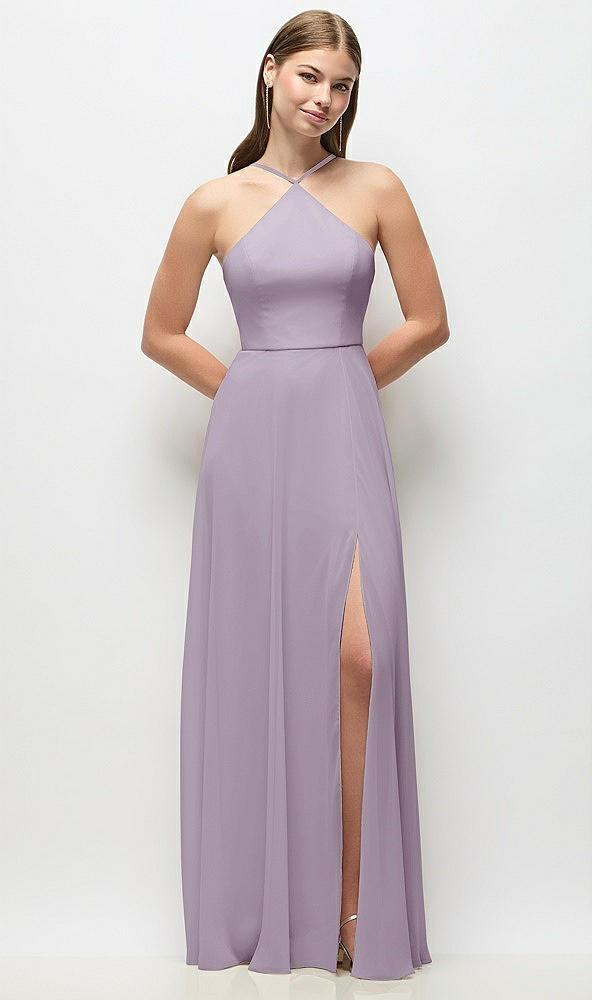 high-neck halter chiffon maxi dress with adjustable spaghetti straps