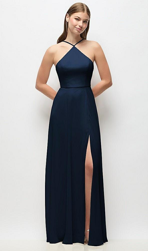 high-neck halter chiffon maxi dress with adjustable spaghetti straps