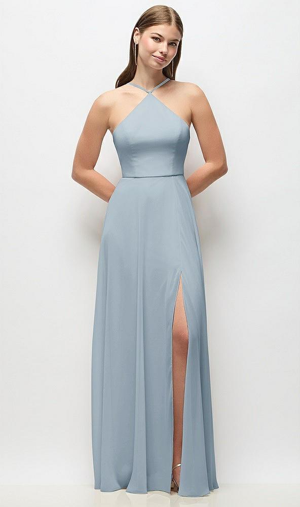 high-neck halter chiffon maxi dress with adjustable spaghetti straps