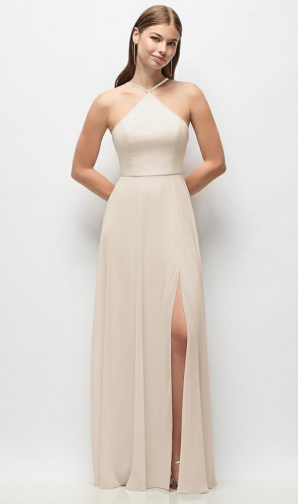 high-neck halter chiffon maxi dress with adjustable spaghetti straps