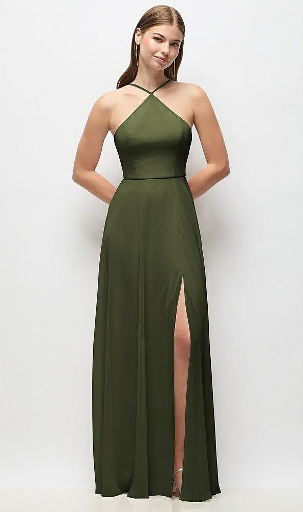 high-neck halter chiffon maxi dress with adjustable spaghetti straps
