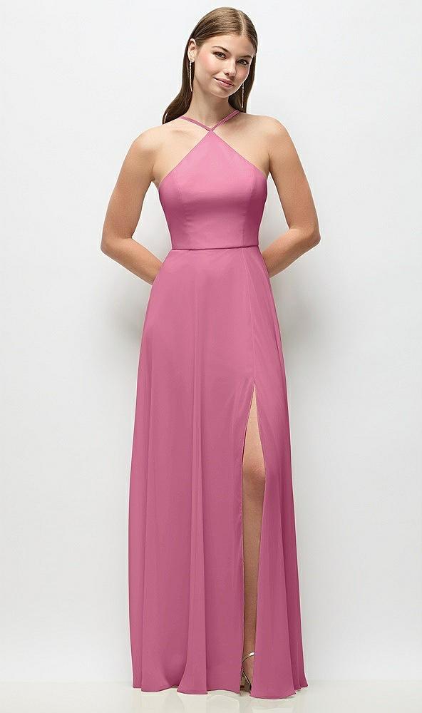 high-neck halter chiffon maxi dress with adjustable spaghetti straps