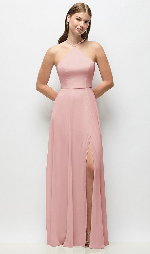 high-neck halter chiffon maxi dress with adjustable spaghetti straps