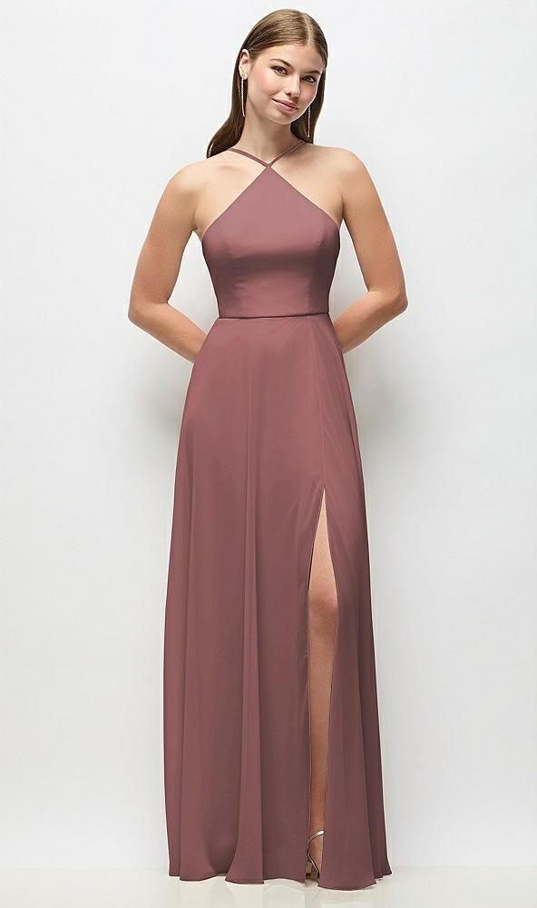 high-neck halter chiffon maxi dress with adjustable spaghetti straps