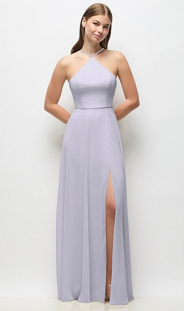 high-neck halter chiffon maxi dress with adjustable spaghetti straps