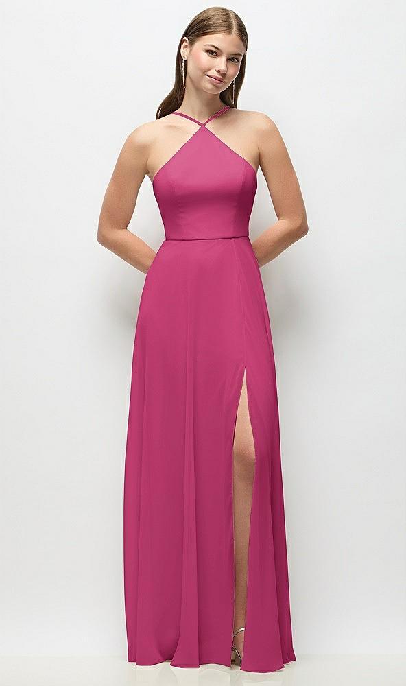 high-neck halter chiffon maxi dress with adjustable spaghetti straps