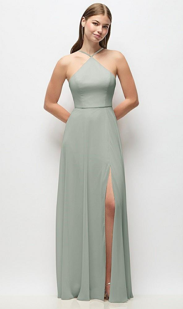 high-neck halter chiffon maxi dress with adjustable spaghetti straps