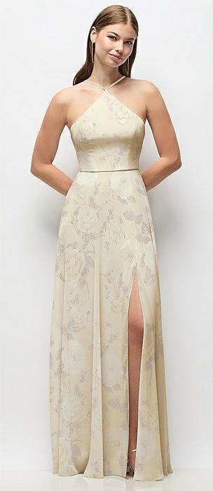 high-neck halter floral chiffon maxi dress with adjustable spaghetti straps