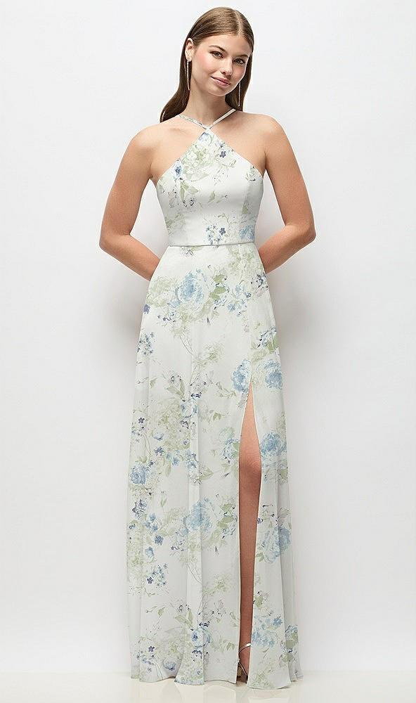 high-neck halter floral chiffon maxi dress with adjustable spaghetti straps