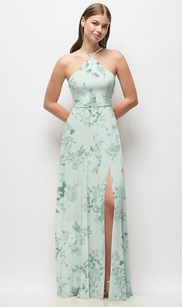 high-neck halter floral chiffon maxi dress with adjustable spaghetti straps