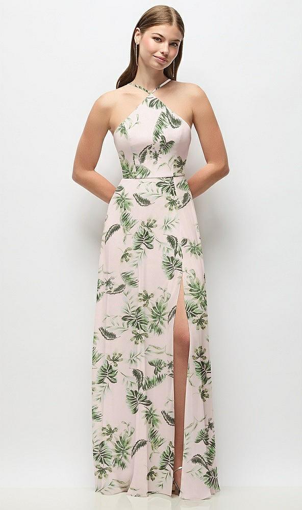 high-neck halter floral chiffon maxi dress with adjustable spaghetti straps