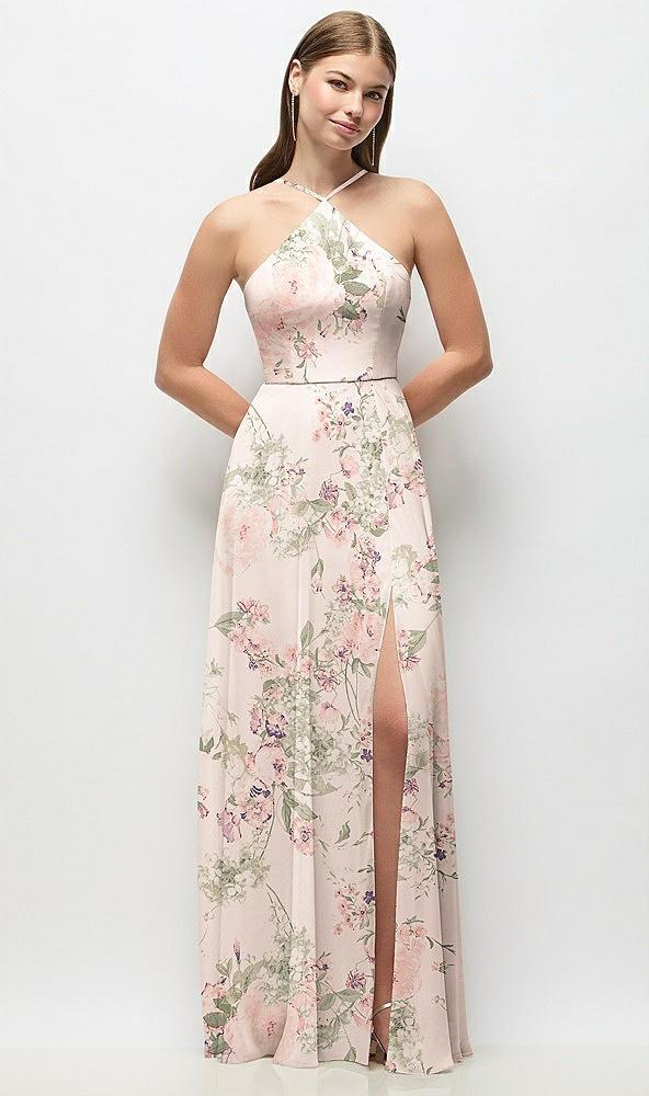 high-neck halter floral chiffon maxi dress with adjustable spaghetti straps