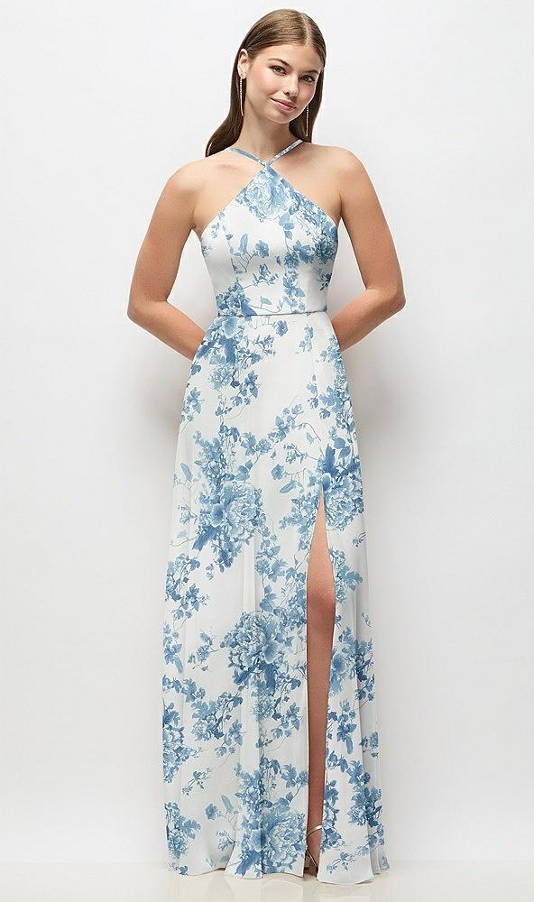 high-neck halter floral chiffon maxi dress with adjustable spaghetti straps